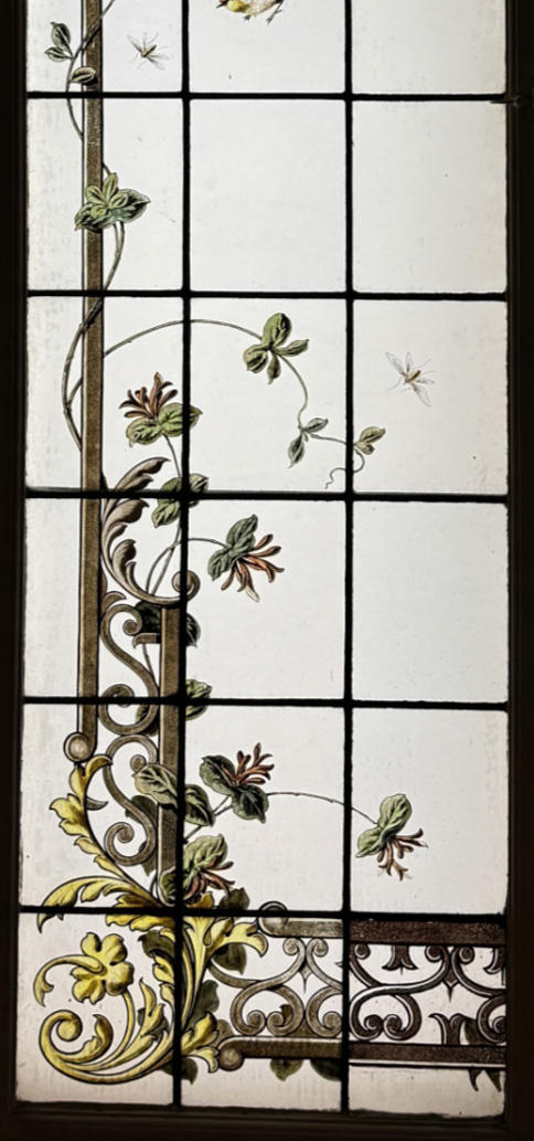 独角鹿西洋古董19世纪末法国出品新艺术风格繁花鸟雀主题彩绘玻璃花窗一对 商品图4