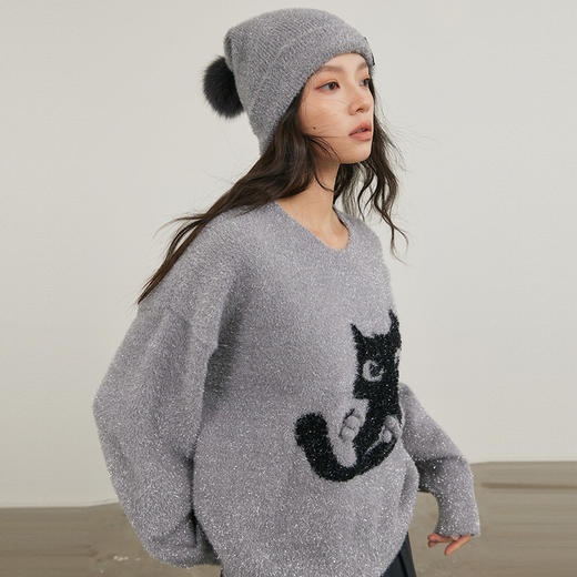 NEELLY纳俪商场同款冬新款减龄小猫撞色针织衫女软糯舒适套头毛衣N25124A04577 商品图2