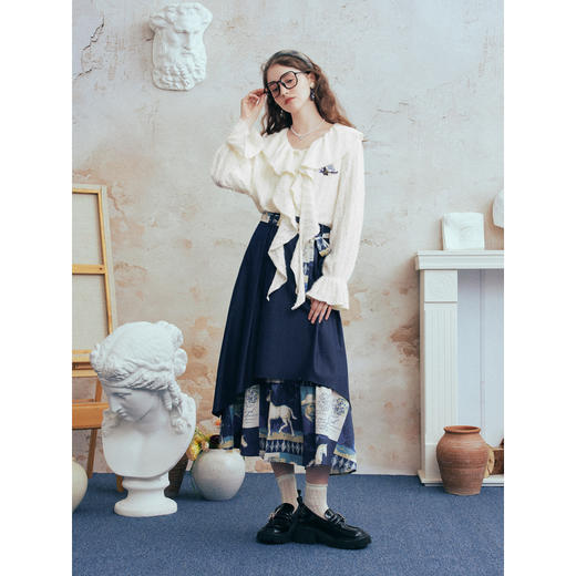 两三事梵高文艺星蕊雾夜2026春季新款复古印花拼接双层裙摆半身裙 商品图1