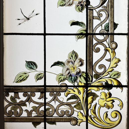 独角鹿西洋古董19世纪末法国出品新艺术风格繁花鸟雀主题彩绘玻璃花窗一对 商品图6