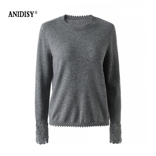 山羊绒手工镂空钩花芽边圆领长袖针织上衣 商品图4