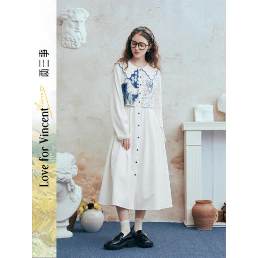 两三事梵高文艺微风呢喃2026春季新款森女风印花拼接假两件连衣裙 商品图0