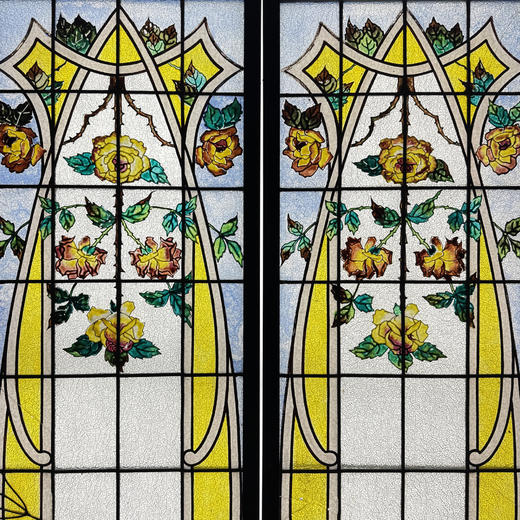 独角鹿西洋古董1900年代法国出品新艺术风格叶蔓繁花主题彩绘玻璃花窗一对 商品图2
