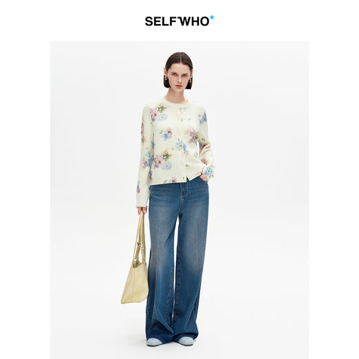 SELFWHO100%羊毛绿绒蒿印花针织开衫女2026春季新款修身毛衣外套 商品图2