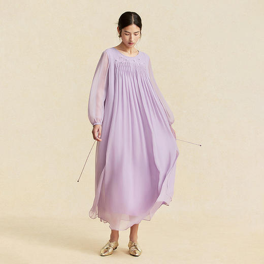 【林栖设计小店】手工绣花|桑蚕丝捏褶钉珠淡紫仙气2026春新款真丝连衣裙1961199 商品图6