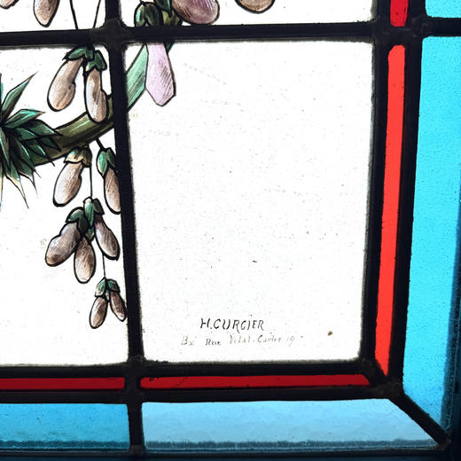 独角鹿西洋古董19世纪末法国新艺术风格时期著名画师Henri Curcier签名出品异域花鸟主题彩绘玻璃花窗一对 商品图7