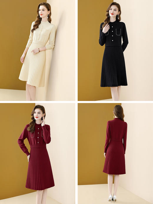 「自」全新升级【铂金会员201/天猫269/差价68】(05658)洛诗琳高级长袖假两件连衣裙女2025秋冬新款气质显瘦百褶针织毛衣裙 商品图3