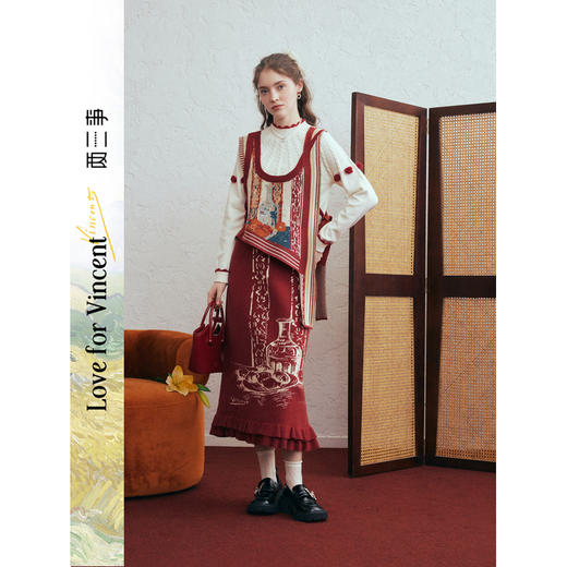两三事梵高文艺游吟诗稿2026春季新款花色毛织背心半身裙两件套女 商品图0