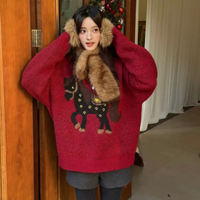 新年小马绵羊毛套头毛衣 | 新年限定马年红，精梳绵羊毛混纺，节日氛围感拉满