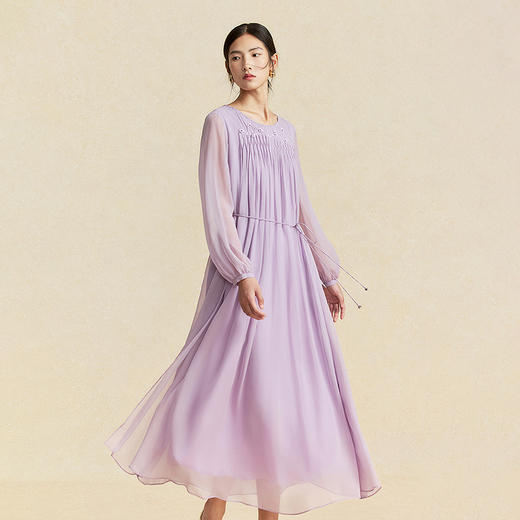 【林栖设计小店】手工绣花|桑蚕丝捏褶钉珠淡紫仙气2026春新款真丝连衣裙1961199 商品图4