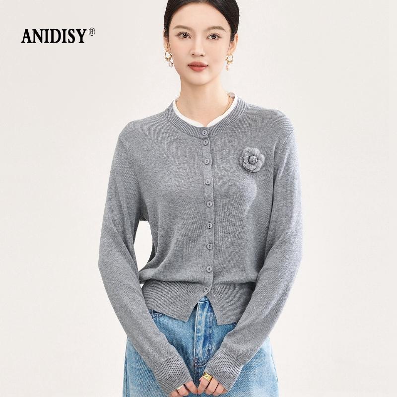 2026春装撞色立领长袖单排扣玫瑰花细坑条针织开衫上衣