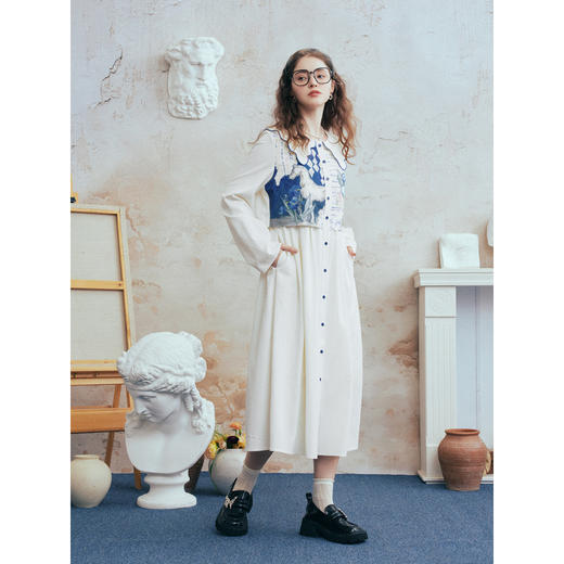 两三事梵高文艺微风呢喃2026春季新款森女风印花拼接假两件连衣裙 商品图3