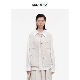 SELFWHO天丝醋酯混纺米白色马甲女2026春新款圆领宽松多口袋马夹