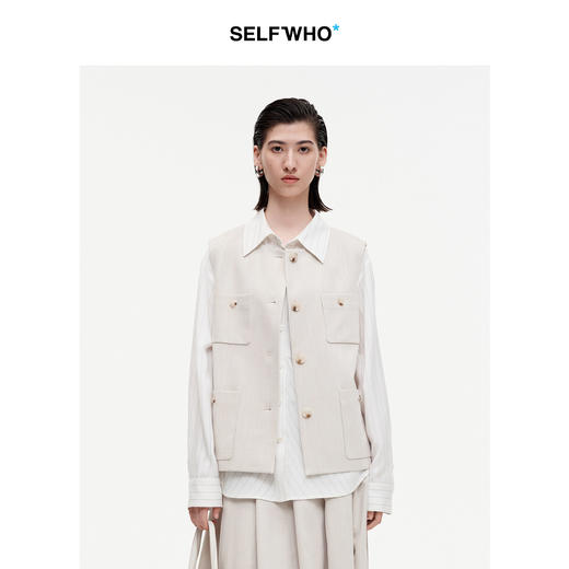 SELFWHO天丝醋酯混纺米白色马甲女2026春新款圆领宽松多口袋马夹 商品图0