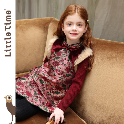 littletime新中式花卉印花连衣裙女童立领国风拜年服红色背心裙 商品图2