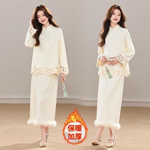 加厚丝绒小立领新中式镂空花，真毛洋气显瘦气质两件套裙HR-YBER630 商品图1