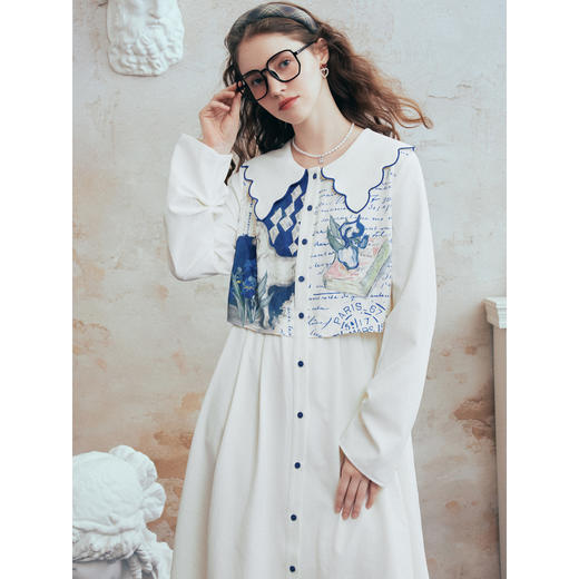 两三事梵高文艺微风呢喃2026春季新款森女风印花拼接假两件连衣裙 商品图2