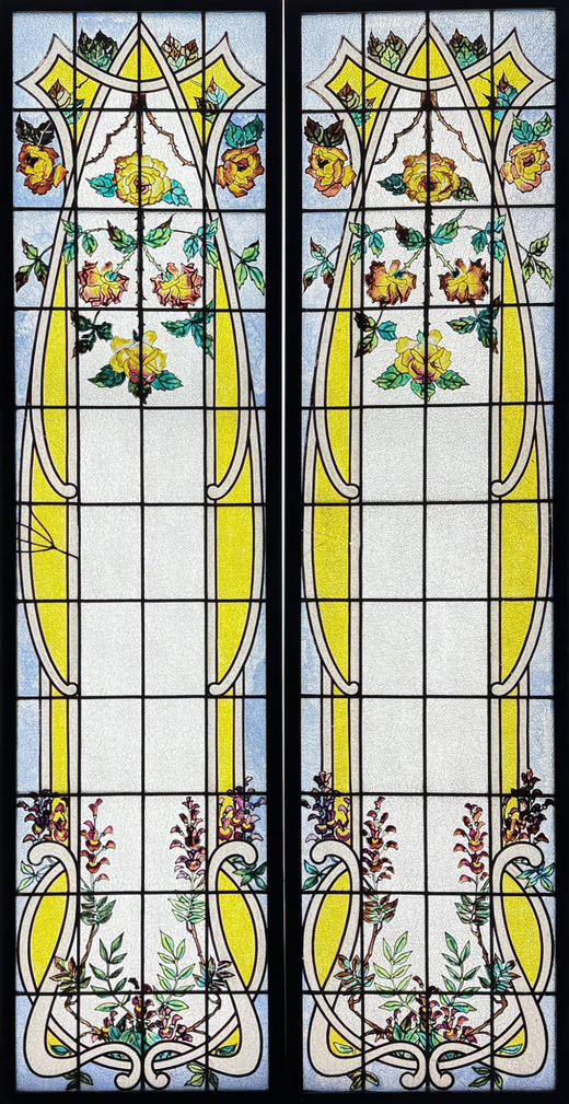 独角鹿西洋古董1900年代法国出品新艺术风格叶蔓繁花主题彩绘玻璃花窗一对 商品图1