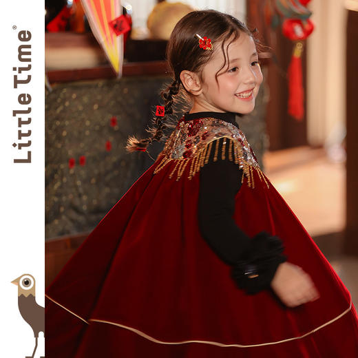 littletime新中式红色丝绒连衣裙女童流苏刺绣新年拜年服公主裙 商品图2