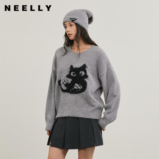 NEELLY纳俪商场同款冬新款减龄小猫撞色针织衫女软糯舒适套头毛衣N25124A04577 商品图0