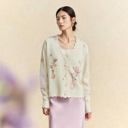 【林栖设计小店】宋瓷雅画|绵羊毛印花米白花边新中式2026春新款毛织外套1961050 商品图4