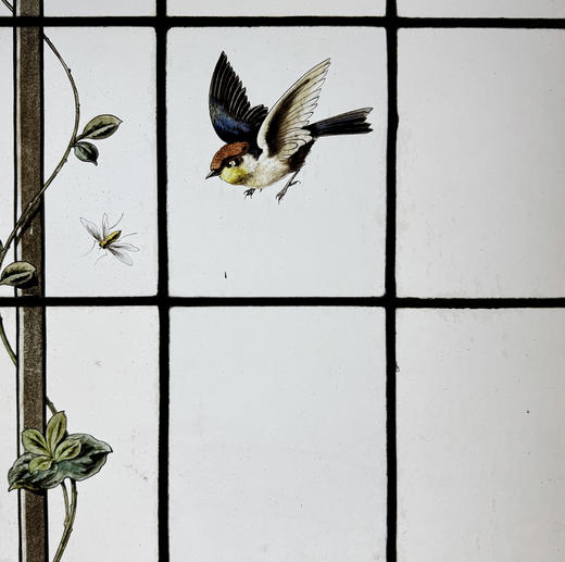 独角鹿西洋古董19世纪末法国出品新艺术风格繁花鸟雀主题彩绘玻璃花窗一对 商品图7