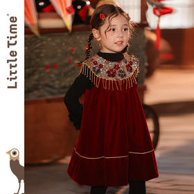 littletime新中式红色丝绒连衣裙女童流苏刺绣新年拜年服公主裙