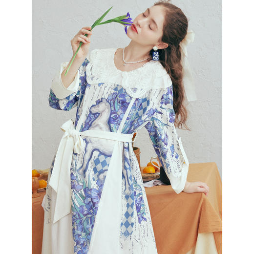 两三事梵高文艺 流萤素雪 2026春季新款蕾丝翻领印花绑带连衣裙 商品图2
