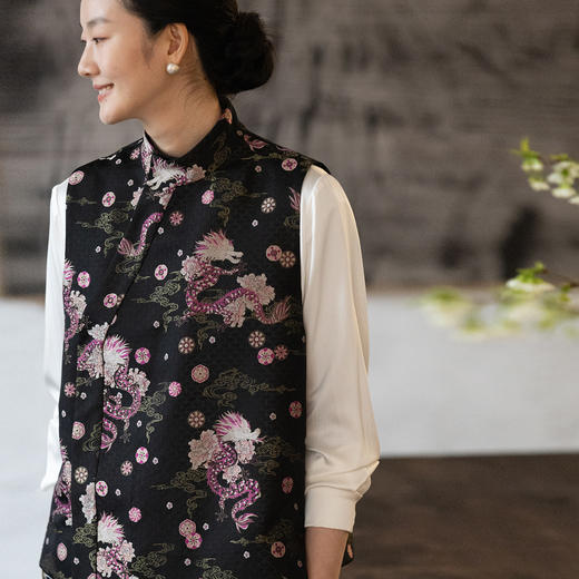 牧衣游原创 61姆米重磅龙纹金箔捻丝上九楷宋锦马夹古风中式 半暮 商品图0