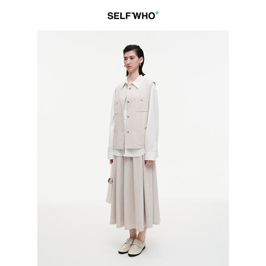 SELFWHO天丝醋酯混纺米白色马甲女2026春新款圆领宽松多口袋马夹 商品图1