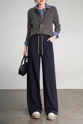 2576 女款 针织仿牛仔明线直筒裤 WK857