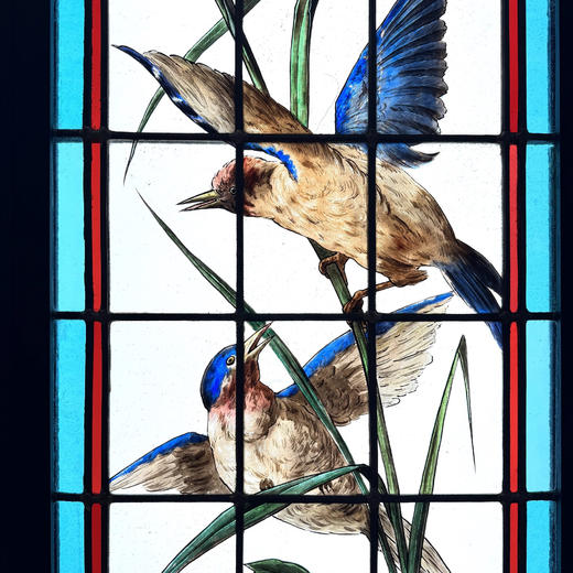 独角鹿西洋古董19世纪末法国新艺术风格时期著名画师Henri Curcier签名出品异域花鸟主题彩绘玻璃花窗一对 商品图6