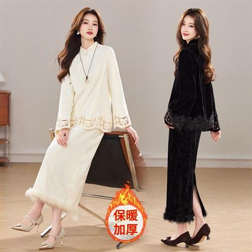 加厚丝绒小立领新中式镂空花，真毛洋气显瘦气质两件套裙HR-YBER630 商品图4
