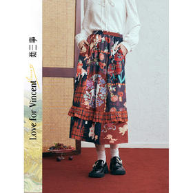 两三事梵高文艺游鳞映色2026春新款荷叶边裙摆印花a字半身裙长裙