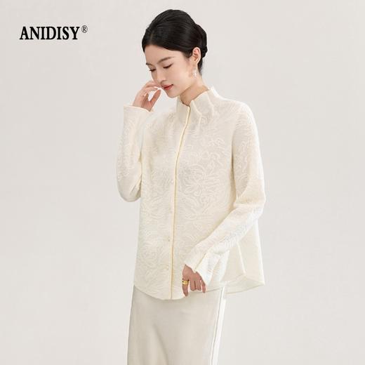 2026春装立体交织提花木耳边立领微喇长袖单排扣针织衬衣 商品图1