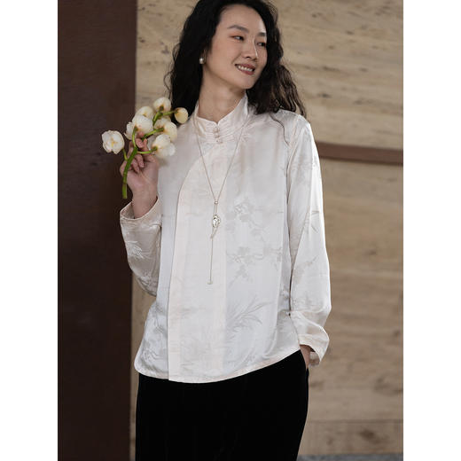 牧衣游原创 提花真丝混纺衬衫新款立领简约轻盈新中式上衣 清朗 商品图1