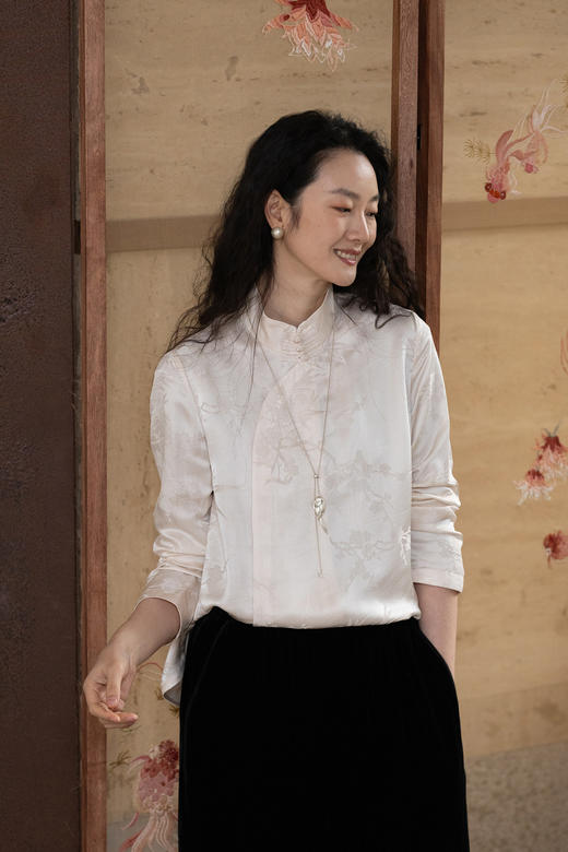 牧衣游原创 提花真丝混纺衬衫新款立领简约轻盈新中式上衣 清朗 商品图5