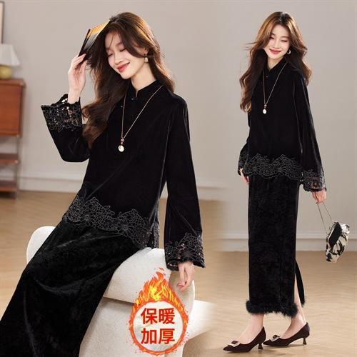 加厚丝绒小立领新中式镂空花，真毛洋气显瘦气质两件套裙HR-YBER630 商品图3