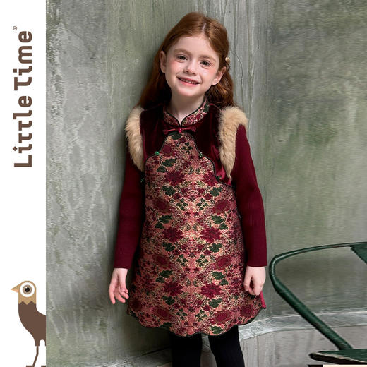 littletime新中式花卉印花连衣裙女童立领国风拜年服红色背心裙 商品图4