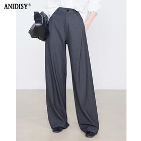 春装时尚高腰拉链后松紧腰褶皱垂感阔腿休闲裤