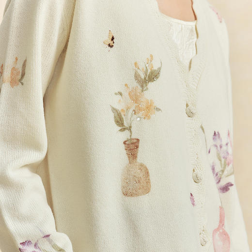 【林栖设计小店】宋瓷雅画|绵羊毛印花米白花边新中式2026春新款毛织外套1961050 商品图7