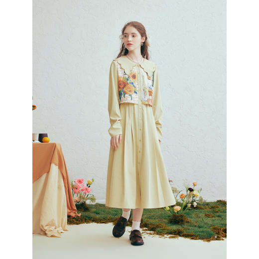 两三事梵高文艺微风呢喃2026春季新款森女风印花拼接假两件连衣裙 商品图1