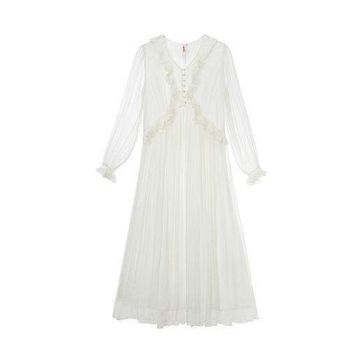 【林栖设计小店】蕾丝花边|桑蚕丝牙签褶高腰仙气2026春新款真丝连衣裙1961033 商品图0