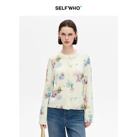 SELFWHO100%羊毛绿绒蒿印花针织开衫女2026春季新款修身毛衣外套