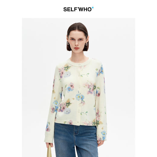 SELFWHO100%羊毛绿绒蒿印花针织开衫女2026春季新款修身毛衣外套 商品图0