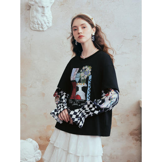 两三事梵高文艺轻氧漫游2026春季新款格子拼接袖假两件印花t恤女 商品图1