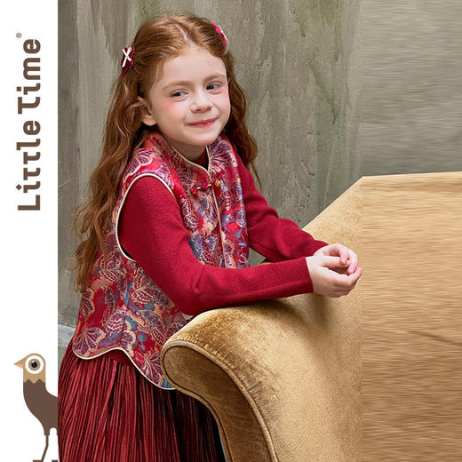 littletime女童套装2025新中式红色马甲套装中国风立领盘扣拜年服 商品图3
