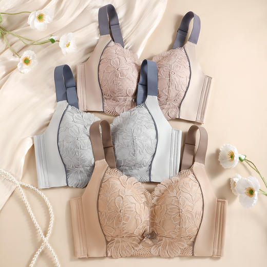 D4-【大胸显小抑菌薄款】全罩杯内衣女防下垂收副乳调整型大码文胸罩 花锦疏影 商品图5