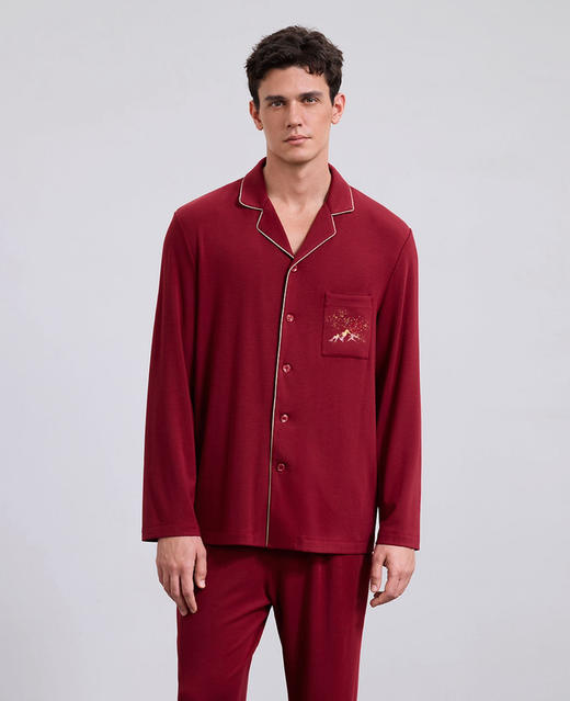 官网1960！爱家本命年红色莫代尔磨毛家居服 日照金山精美刺绣烙印胸前 金辉破晓 新岁呈祥 商品图4