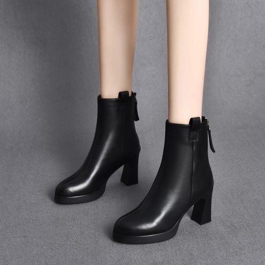 真皮气质中跟小短靴2025年秋冬新款加绒粗跟软底百搭高跟鞋女皮鞋 商品图2